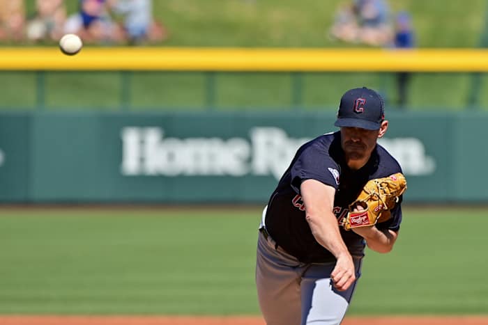 Feb 27, 2023; Mesa, Arizona, USA; Cleveland Guardians starting pitcher Shane Bieber (57) throws in the first inning against the Chicago Cubs during a spring training game at Sloan Park. Mandatory Credit: Matt Kartozian-USA TODAY Sports